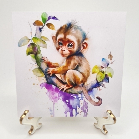 4x4 Baby Monkey Chimpanzee‎ Watercolor Nursery Room Art Oil Painting Print - Picture 1 of 6